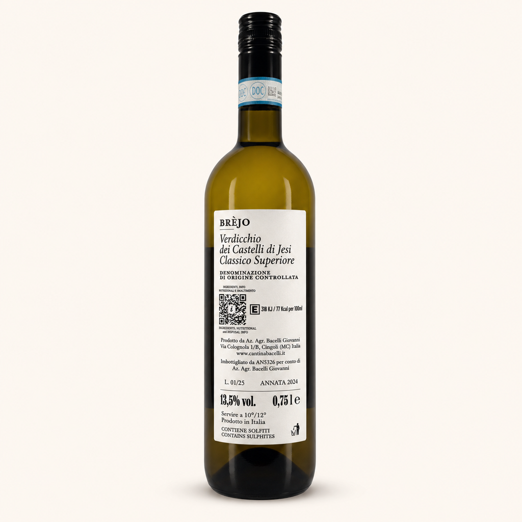 Brèjo Verdicchio – Cantina Bacelli, etiket achterzijde